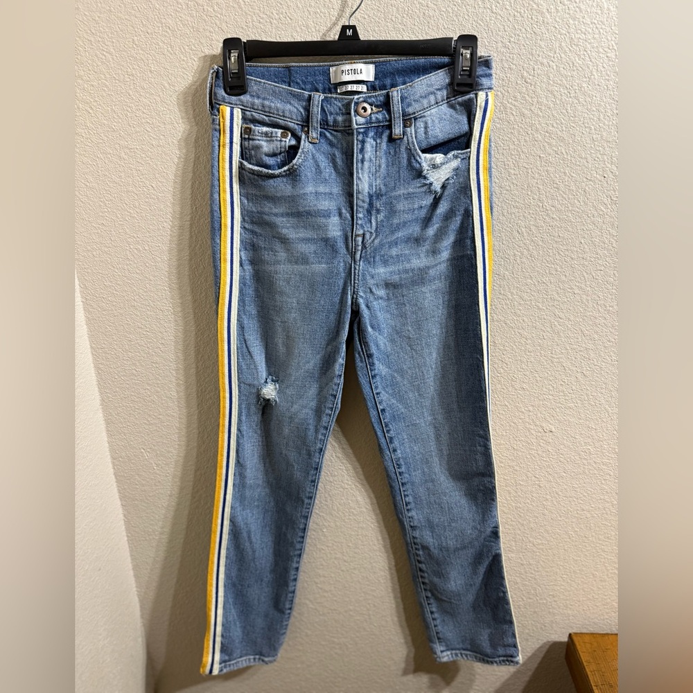Pistola Blue Skinny Jeans with Yellow and White Stripes